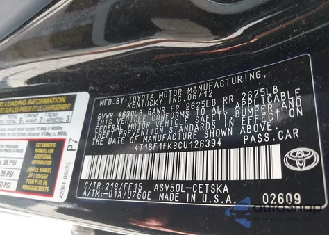 2012 Toyota Camry Se from USA, damaged, VIN 4T1BF1FK8CU126394